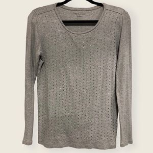 Ann Taylor Silver Studded Cotton Long Sleeve Shirt In Gray Size Large